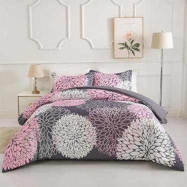 Imagem de Koniroom Jogo de cama casal cinza e rosa, 3 peças, estampa floral com flores rosa, reversível para meninas adolescentes, edredom reversível para todas as estações com 1 fronha