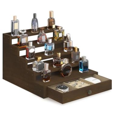 Imagem de EsLuker.ly Organizador de perfume com suporte de colônia para homens, prateleira de exibição de colônia de madeira para cômoda de quarto, prateleira de armazenamento de grande capacidade de 5 níveis