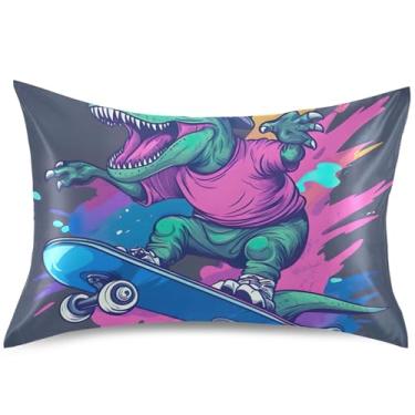 Imagem de Cool Skateboard Dinosaur Satin Pillow Case Cooling Pillow Sham Pattern Standard King Queen Pillow Slip Room Aesthetic, Queen Size, 76.2 cm x 50.8 cm