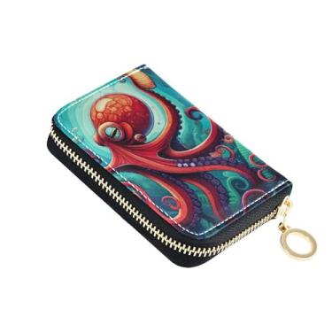 Imagem de Carteira feminina de couro com bloqueio de RFID com zíper e zíper chique vermelho polvo submarino