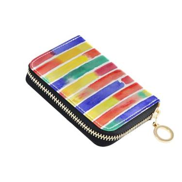 Imagem de Carteira feminina com listras coloridas vibrantes com zíper e porta-cartão de crédito, bloqueio de RFID, carteira de couro com zíper e bolsa para moedas