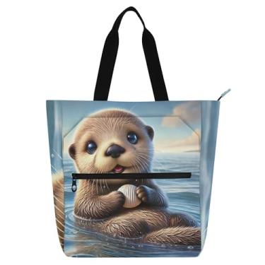 Imagem de GAIGEO Linda bolsa de trabalho com estampa de animal de lontra para mulheres bolsa de lona para livros de praia com zíper para professores e amantes de livros