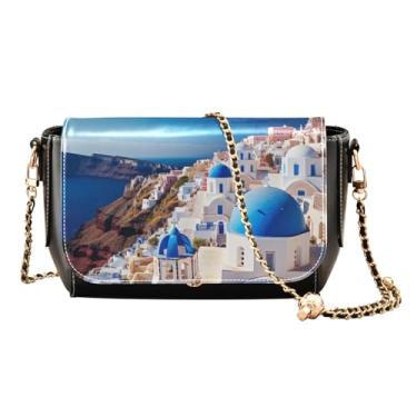 Imagem de Bolsa transversal de couro floral peônia rosa e verde, bolsa tiracolo feminina de couro, bolsa de ombro feminina, Edifícios de Santorini-1, One Size