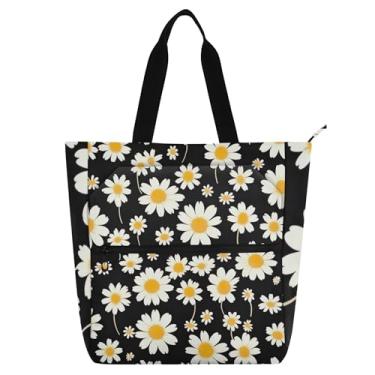 Imagem de GAIGEO Bolsa de ombro moderna margarida floral preta para mulheres, crianças, escola, trabalho, zíper, lona, bolsa de ombro
