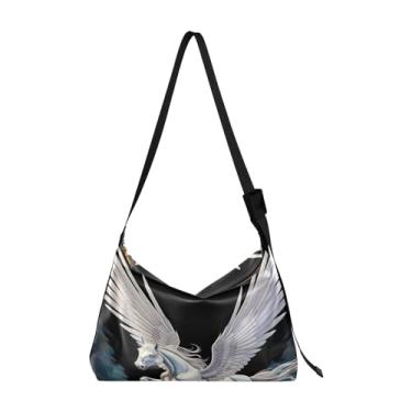 Imagem de Bolsa tiracolo moderna de borracha amarela com bolhas, bolsa tiracolo de couro, bolsas Hobo de couro para mulheres, Cavalo branco com asas voando sobre o escuro - 2, One Size