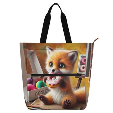 Imagem de GAIGEO Sweet Fox Donut Box Tote Bag para crianças e mulheres, bolsa de livros com zíper, trabalho, escola, viagem, estampa floral