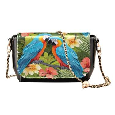 Imagem de Flamingos rosa e folhas de palmeira em couro verde bolsa tiracolo feminina, bolsas transversais de couro para mulheres, bolsas de ombro de couro, Papagaios coloridos e flores azuis - 1, One Size