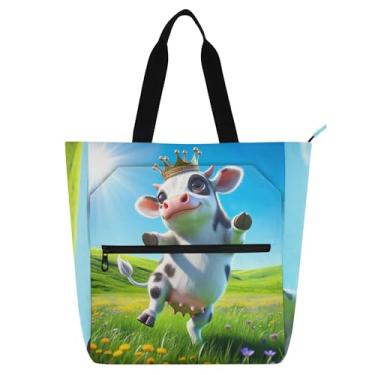 Imagem de Sacolas femininas engraçadas fofas de vaca para trabalho, lona, praia, escola, bolsas médias, para amantes de livros, presentes