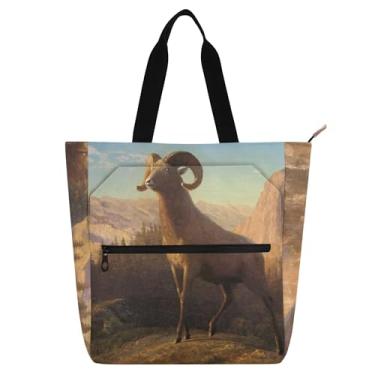 Imagem de GAIGEO Bierstadt Albert Rocky Mountain Sheep Ovis Montana Bolsas de Trabalho para Mulheres Tote Lona Zíper Sacola de Praia Bolsas de Professores Amantes de Livros