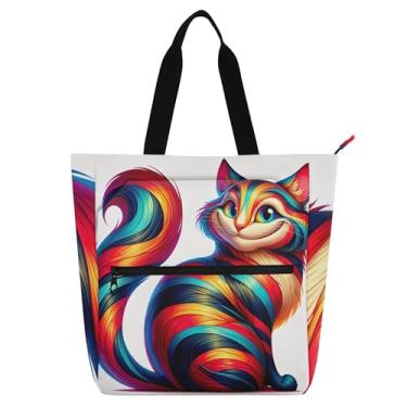 Imagem de GAIGEO Bolsa de trabalho colorida com estampa de gato para mulheres, bolsa escolar de lona com zíper, bolsa infantil fofa com compartimentos
