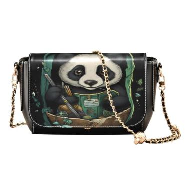 Imagem de GAIGEO Uma bolsa tiracolo feminina de couro para vaso tulipa roxa aquarela com aba, bolsa de ombro feminina, Panda comendo bambu em uma bolsa verde, One Size