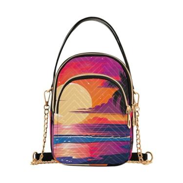 Imagem de Bolsa de ombro feminina tropical, pôr do sol com vegetação, bolsa tiracolo com três zíperes para mulheres, Pôr do sol na praia-2, One Size