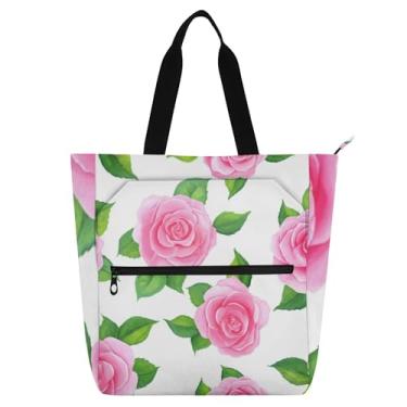 Imagem de GAIGEO Bolsas de trabalho femininas com folhas verdes rosas em lona escolar bolsa para livros bolsa diária com compartimentos