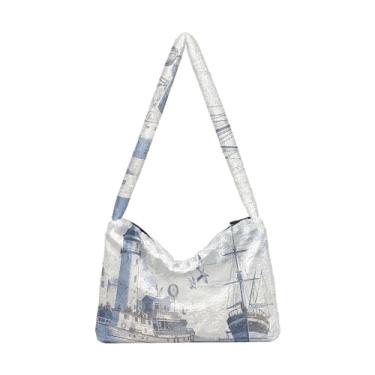 Imagem de Bolsa de ombro retrô azul branca vermelha náutica de pelúcia nas axilas, bolsa de ombro média, bolsas de livro para mulheres, Retrô azul branco vermelho náutico, One Size