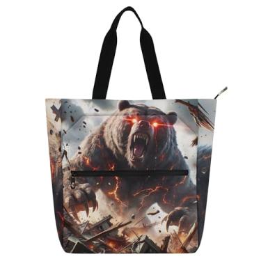 Imagem de GAIGEO Bolsa de ombro com estampa de urso de terror para crianças e mulheres, escola, trabalho, zíper, lona, bolsa de ombro