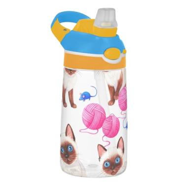 Imagem de Garrafa de água fofa de desenho animado branco Siamese Kittens para crianças 473 ml garrafa de água esportiva à prova de vazamento com tampa de canudo 473 ml copo infantil portátil Tritan reutilizável