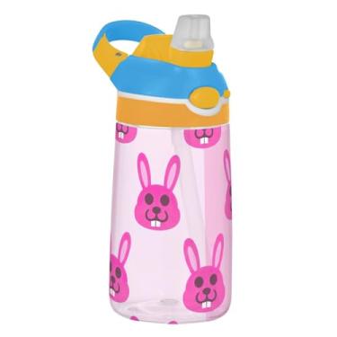 Imagem de Garrafa de água esportiva infantil de 473 ml com tampa de palha, garrafa de água portátil para escola, copo Tritan Kid de 473 ml, alça de transporte, coelho rosa listrado animal