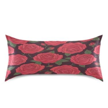 Imagem de Blueangle Fronha de cetim refrescante para cabelo e pele, capa de almofada de rosas vermelhas dos namorados, tamanho king 50,8 x 101,6 cm com fecho de envelope (624)