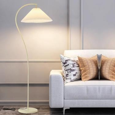 Imagem de Luminária de chão moderna na cor creme, com tecido plissado, estrutura em metal resistente à ferrugem, ideal para leitura e para criar um ambiente aconchegante na sala de estar ou no canto d