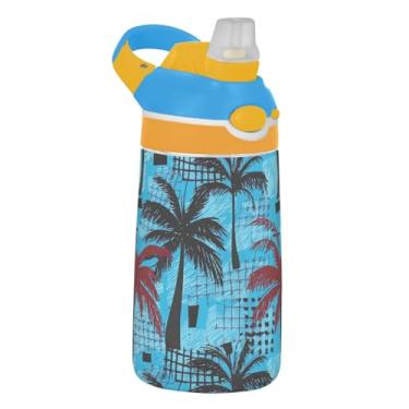 Imagem de Garrafa de água infantil tropical preta marrom palmeiras azuis com canudo 473 ml 473 ml Tritan Sports garrafa de água portátil à prova de vazamento, copo infantil, reutilizável, alça de transporte