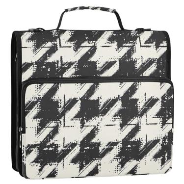 Imagem de Fichários de 3,8 cm com 3 anéis de pincel grunge Houndstooth preto com zíper e alça de ombro para portfólio de impressão escolar e suporte de pasta de anel
