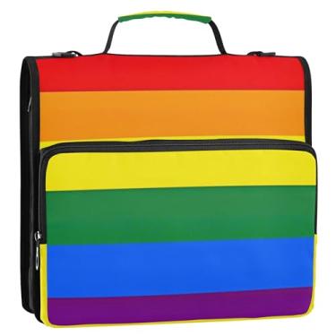 Imagem de Organizador de fichários com zíper, formato de bandeira do orgulho LGBT, arco-íris, 3 anéis, bolsa de fichário para documentos de ensino médio resistente com alça portfólio e estojo para pasta de anel
