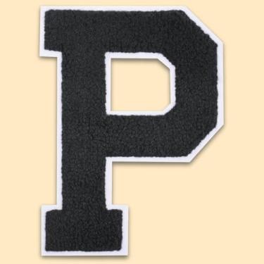 Imagem de QianSiLi Remendos de letras universitárias de chenille preto de 11 cm, letras grandes para jaquetas Letterman, moletons com capuz, mochilas, coletes, roupas, adesivos individuais de letra P