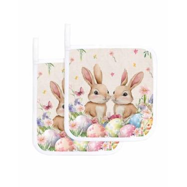 Imagem de Porta-panelas para cozinha, Páscoa, aquarela, coelhinho da Páscoa, conjunto com 2 pegadores de panela, à prova de calor, antiderrapante, para forno, pano felpudo com laço de primavera, floral, linho