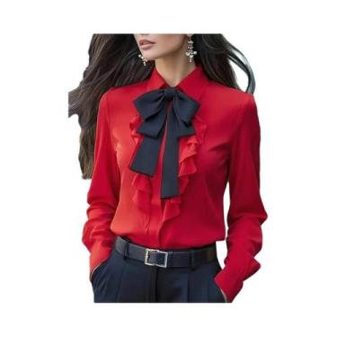 Imagem de Blusa feminina formal de manga comprida com gola e laço e babados - NO