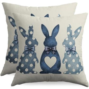Imagem de Conjunto de 2 capas de almofada de coelhinho da páscoa 45,7 x 45,7 cm com estampa de laço de coelho azul de bolinhas para primavera e férias decorativas ao ar livre sazonais fazendas para sofá-cama