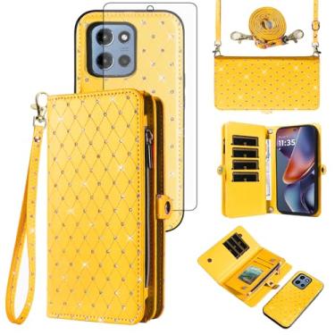 Imagem de Asuwish Capa de celular para Motorola Moto G 5G 2025 com zíper carteira destacável com protetor de tela transversal alça de cordão brilhante flip porta-cartão slot G5G 5 G G5 mulheres meninas amarelo