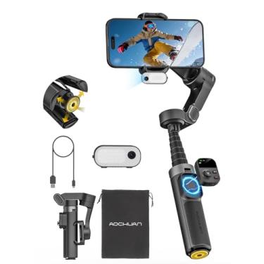 Imagem de AOCHUAN Estabilizador Gimbal AI Face Tracker para iPhone com controle remoto magnético, rotação panorâmica de 360° Gimbal de 3 eixos para iPhone, estabilizador com luz, haste de extensão integrada e