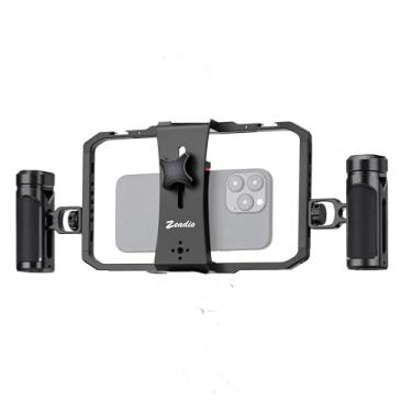 Imagem de Zeadio Gaiola de vídeo para celular com alças giratórias de liberação rápida - Suporte universal de alumínio para gravação/YouTube/Transmissões ao vivo/filmagem de mesa/conteúdo, etc