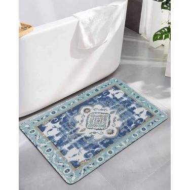 Imagem de Tapetes de banho, tapete de banheiro, padrão retrô, azul-marinho, absorvente de terra de diatomáceas, secagem rápida, antiderrapante, lavável, tapete de chuveiro, estilo boêmio, arte geométrica