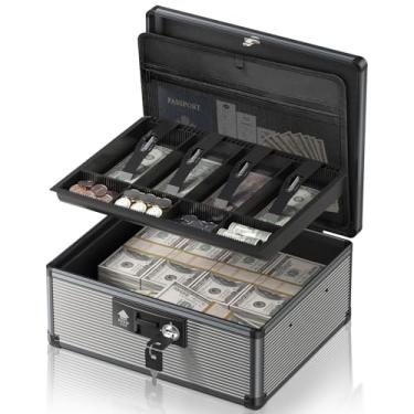 Imagem de Lockbako Caixa de dinheiro com trava de segurança com bandeja de dinheiro e chave, cofre seguro para dinheiro, caixa portátil com 2 espaços de armazenamento e bolsa de armazenamento removível