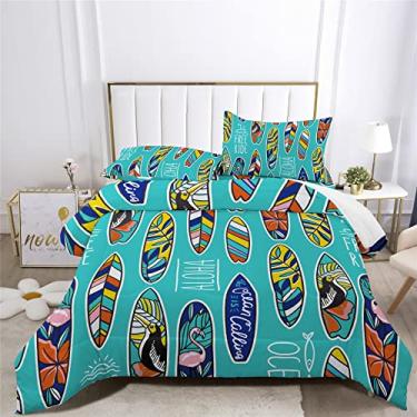 Imagem de Jogo de cama ondulado de prancha de surfe, 7 peças, decoração de surfistas, praia, verão, incluindo 1 lençol com elástico + 1 edredom + 4 fronhas + 1 lençol de cima (C, cama de solteiro em uma bolsa
