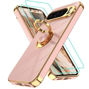 Imagem de Gritup Capa para Google Pixel 9 Pro XL: 2 peças protetoras de tela | Suporte magnético de rotação de 360° | Capa protetora básica de TPU macio com borda dourada revestida para Pixel 9 Pro XL rosa
