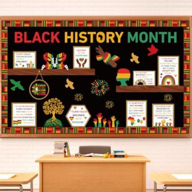 Imagem de Conjunto de decorações de quadro de avisos do mês da história negra, recortes inspiradores pretos com borda de aviso, decorações de sala de aula motivacionais afro-americanas para quadro-negro, porta