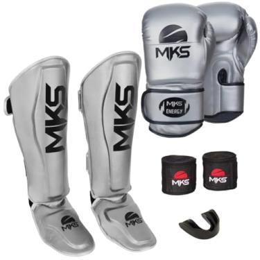 Imagem de Kit Luva de Boxe Feminina + Caneleira Muay Thai Kickboxing + Bandagem + Protetor Bucal - Energy Prata MKS Combat (LUVA 16oz + CANELEIRA G)