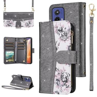 Imagem de Furiet Capa carteira floral para Motorola Moto G85 5G com alça de pulso/ombro de couro PU com glitter luxuoso suporte para cartão acessórios capa de celular para MotoG85 G 85 feminino preto