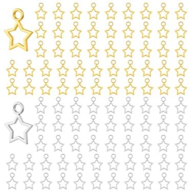 Imagem de Zelphvt Pingente de estrela, 100 peças, mini pingente de estrela oca de metal para fazer joias faça você mesmo, colar, pulseira, brinco, chaveiro, decoração de Natal, prata e ouro