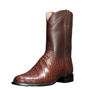 Imagem de Botas de cowboy masculinas de couro sintético retrô bico redondo botas de trabalho com padrão de crocodilo botas ocidentais cano médio bota de equitação, Marrom, 41