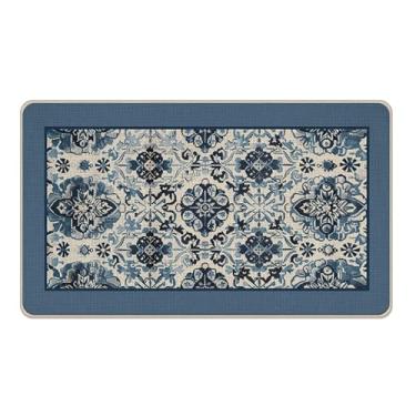 Imagem de Livcoz Tapete de porta da frente floral azul e branco, tapete decorativo de flores chinoiserie vintage, tapete de entrada, retrô, discreto, interior, exterior, decoração de cozinha, 43 x 73 cm