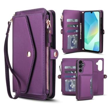 Imagem de Capa carteira para Samsung Galaxy S23, capa flip magnética destacável com compartimentos para cartões, bloqueio RFID, suporte e alça de pulso, capa protetora para celular (roxa)