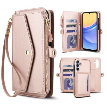 Imagem de Capa carteira para Samsung Galaxy A15 4G/5G, capa flip magnética destacável com compartimentos para cartões, bloqueio RFID, suporte e alça de pulso, capa protetora para celular (ouro rosa)
