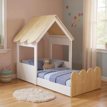 Imagem de Cama Montessoriana com Colchão Infantil Casinha e Cercadinho - Branco C/carvalho Araguaia