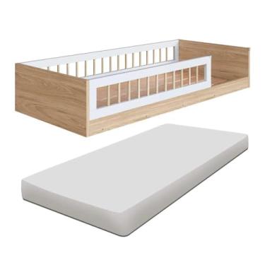 Imagem de Cama Com Colchão Solteiro Montessoriana Infantil Proteção Lateral Affetto Aveiro Oak Branco