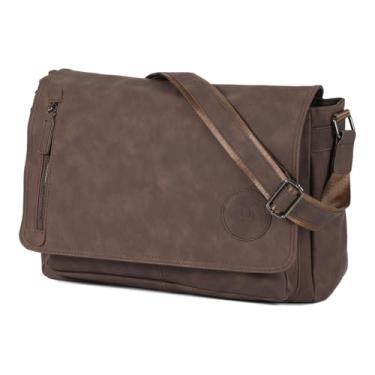 Imagem de Bolsa mensageiro de lona vintage unissex bolsa de ombro bolsa de lona transversal bolsa de trabalho universitário pasta para laptop de 14 polegadas, Marrom PU