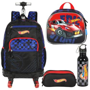 Imagem de Kit Mochila 4 Rodinhas Estojo Lancheira Garrafa Hot Wheels-Masculino