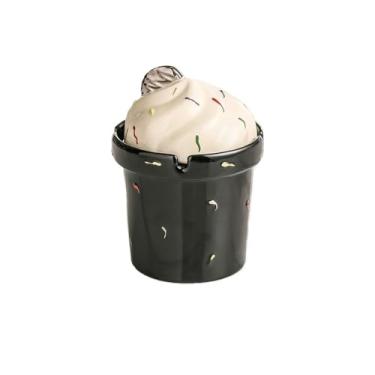 Imagem de Porta-cinzas Cinzeiro em formato de sorvete com tampa, cinzeiro design funil, cerâmica para uso interno ou externo, decoração mesa(Preto)